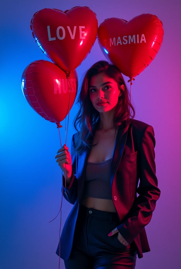 The Three red Hearts ballon in the hand of a stylish girls with blue purpule lighting background the first one write love and Second MustafaAnd Third Samia w