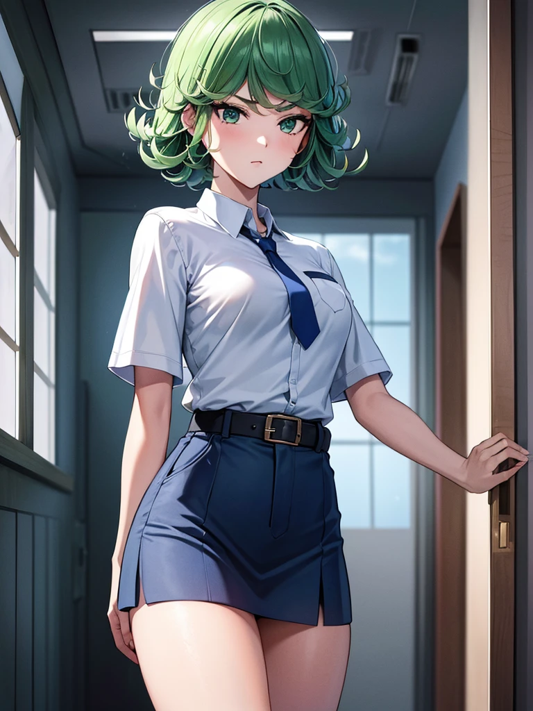(high res, 8K, masterpiece, looking at viewer, best quality, very aesthetic, ultra detailed, ultra background, ultra Eyes) intricate details, 1girl, Tatsumaki, short sleeved white shirt, Light Blue Gray short skirt, Pockets on the left chest, Blue Gray tie, Wearing a belt, green short hair, green eyes, Normal Face, Background School Hallway, Cinematic Angle