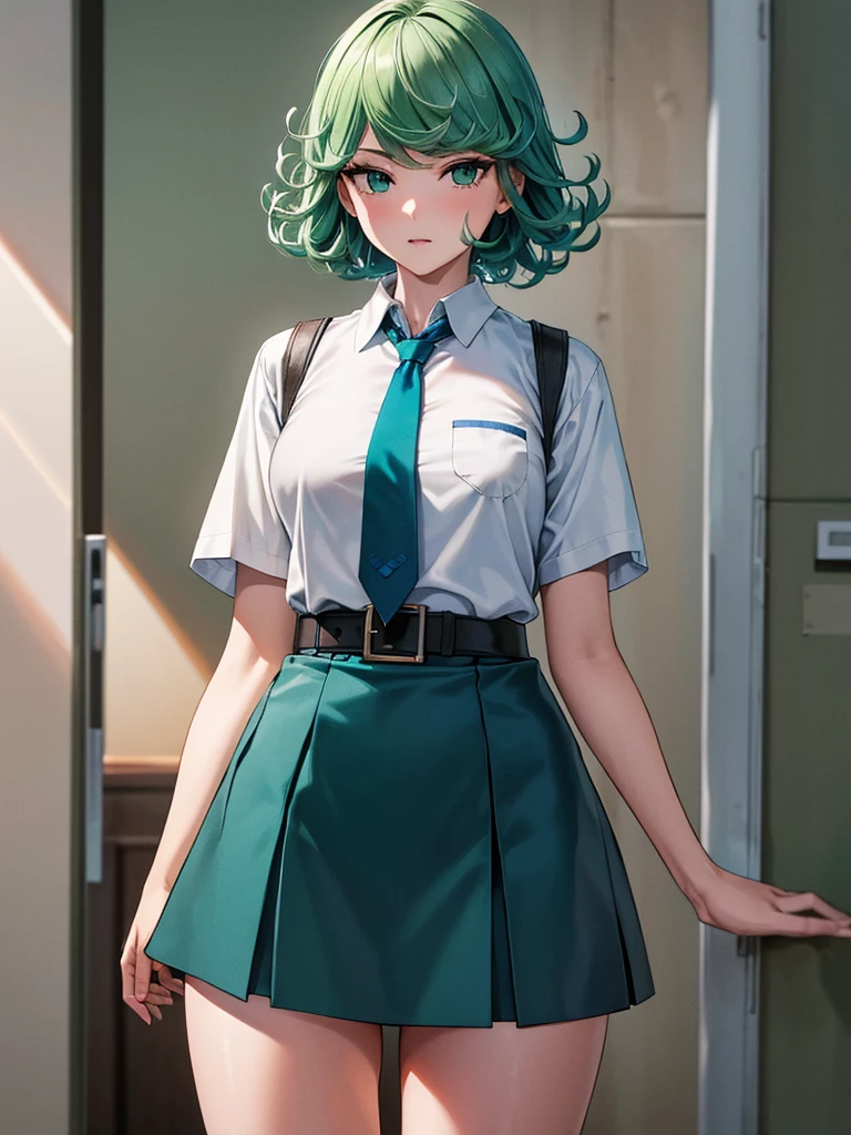 (high res, 8K, masterpiece, looking at viewer, best quality, very aesthetic, ultra detailed, ultra background, ultra Eyes) intricate details, 1girl, Tatsumaki, short sleeved white shirt, Light Blue Gray short skirt, Pockets on the left chest, Blue Gray tie, Wearing a belt, green short hair, green eyes, Normal Face, Background School Hallway, Cinematic Angle