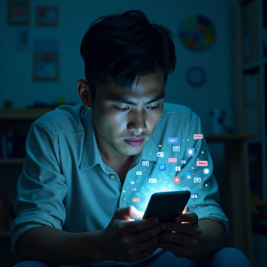 Sad and stressed young man surrounded by messages and news on his cell phone