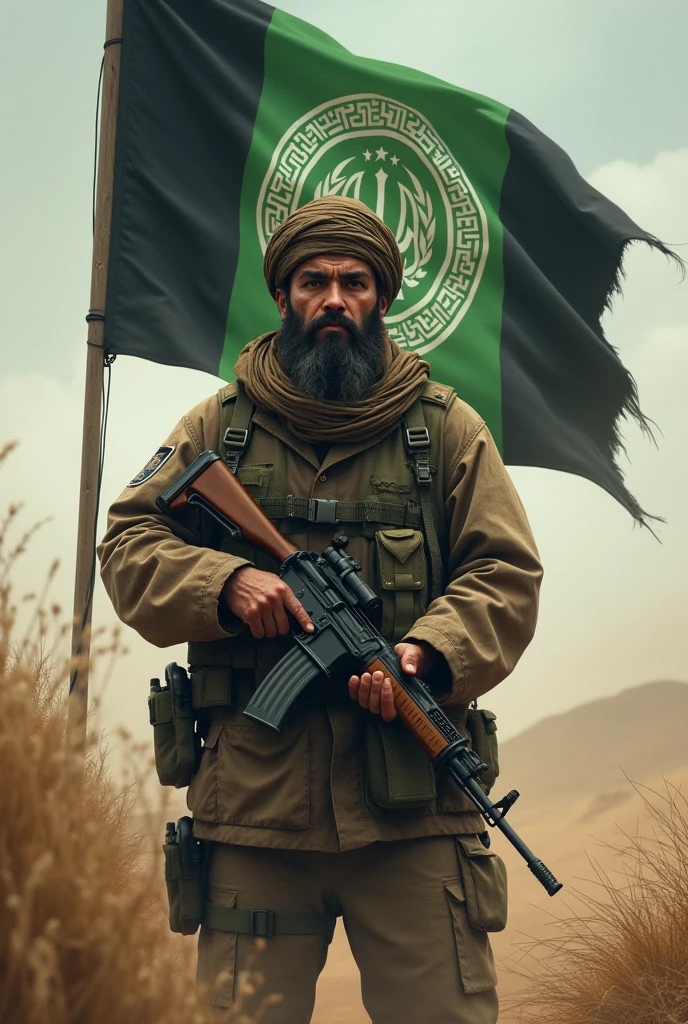 Create an image like Afghanistan army with gun with beard.  in the background set "There is no god but Allah, Muhammad is the Messenger of Allah : flag