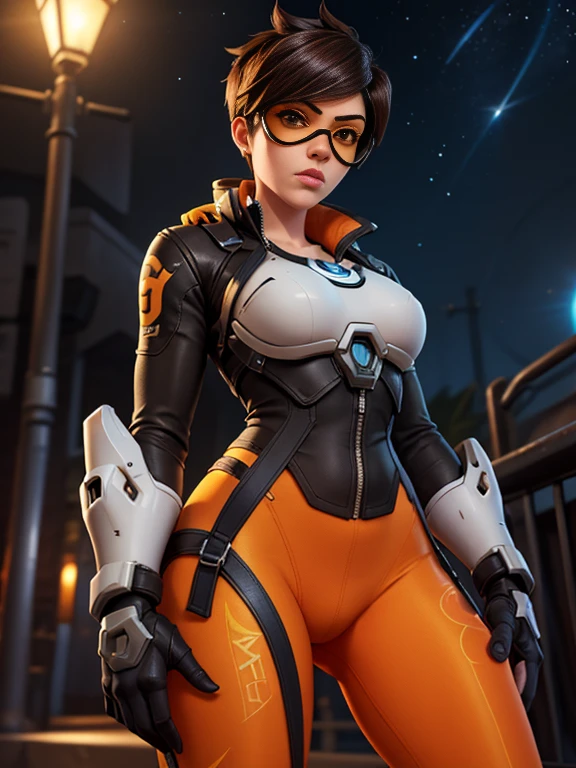 score_9, score_8_up, score_7_up, score_6_up, score_5_up,  [ Tracer],[brown hair, short hair, brown eyes],Tracer from Overwatch,[orange bodysuit, open bomber jacket,cropped jacket, straps, black gloves, orange leggings,goggles, vambraces],[night time, stars in the sky],4k,sharp image,detailed, sexy, extremely detailed artgerm,  (masterpiece, best quality:1.2),  (insanely detailed, beautiful detailed, masterpiece, best quality), (insanely detailed, masterpiece, best quality)   starry night sky, stars in the sky