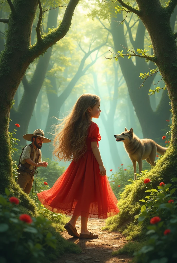 Images of a girl dressed in red in an enchanted forest, then that same girl with a wolf, Then with a fairy, then with a woodcutter, then all together, and finally the girl in the house.
