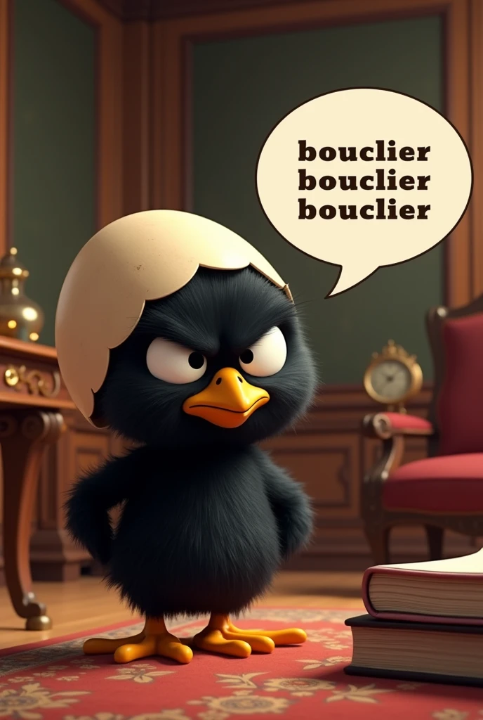 Calimero avec une attitude énervée, dans un bureau aristocratique, avec dans une bulle de discution ou il y est écrit : Bouclier Bouclier Bouclier