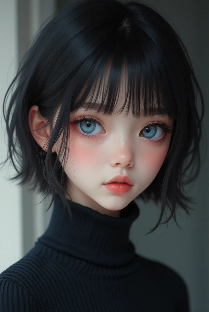 A girl with short black hair and blue eyes, pale and soft skin with pink features, black and elegant clothes, beautiful, soft, cute, long eyelashes, turtleneck sweater