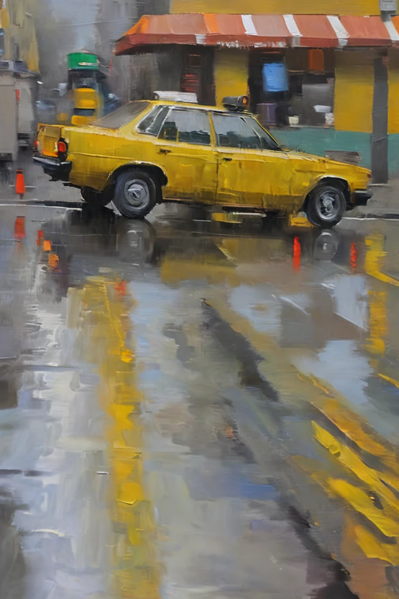 City,(rainy day:1.2),Wet,Car,a bustling street,bichu,oil painting,masterpiece,best quality,HDR.UHD.4K,8K,K,gloomy,