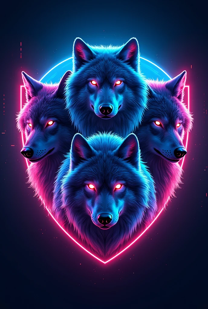 Four wolves in a neon-colored logo and a neon blue FourMindsStudio