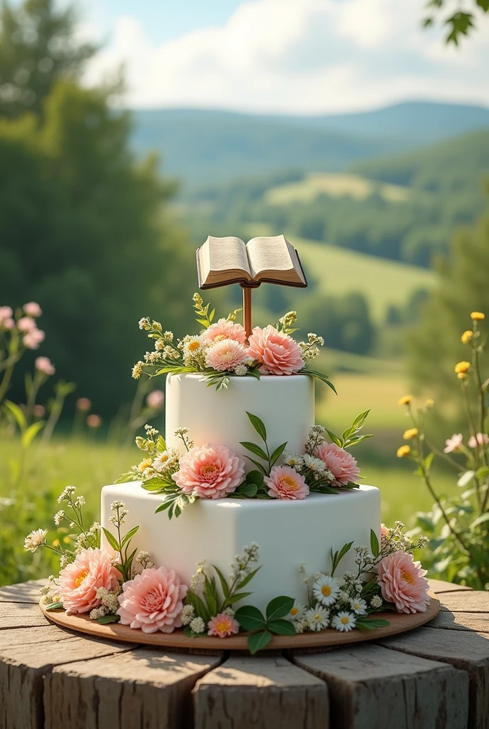 A medium-long rectangular single-tier cake decorated with wild flowers and foliage, Celebrating the first anniversary of a country church. Background with hills and trees and above a small open bible