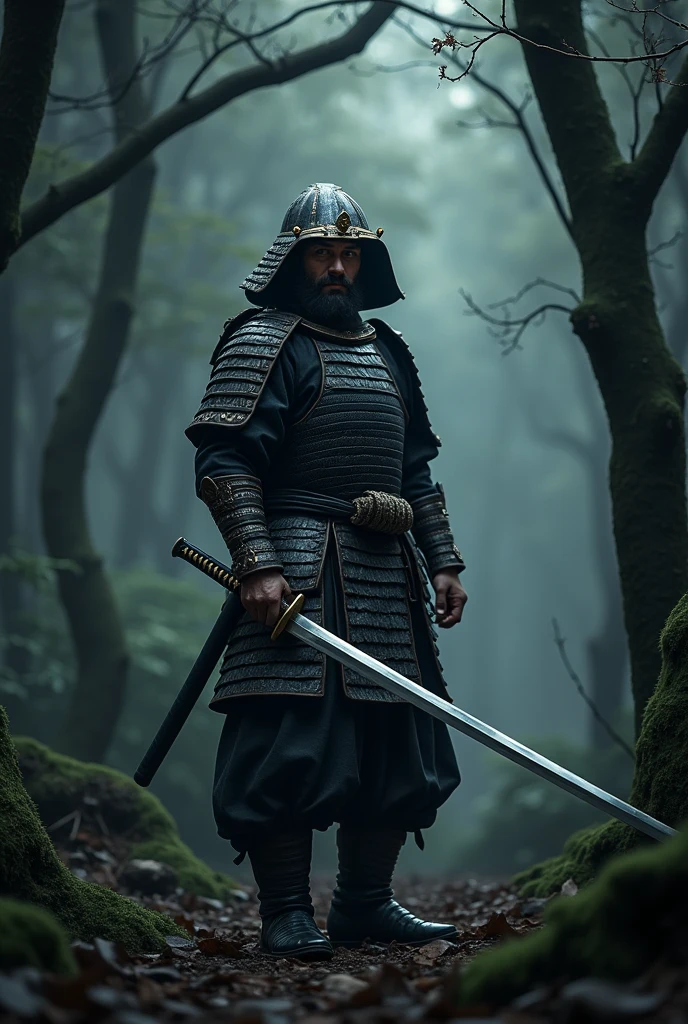 a warrior standing in dark forest holding katana