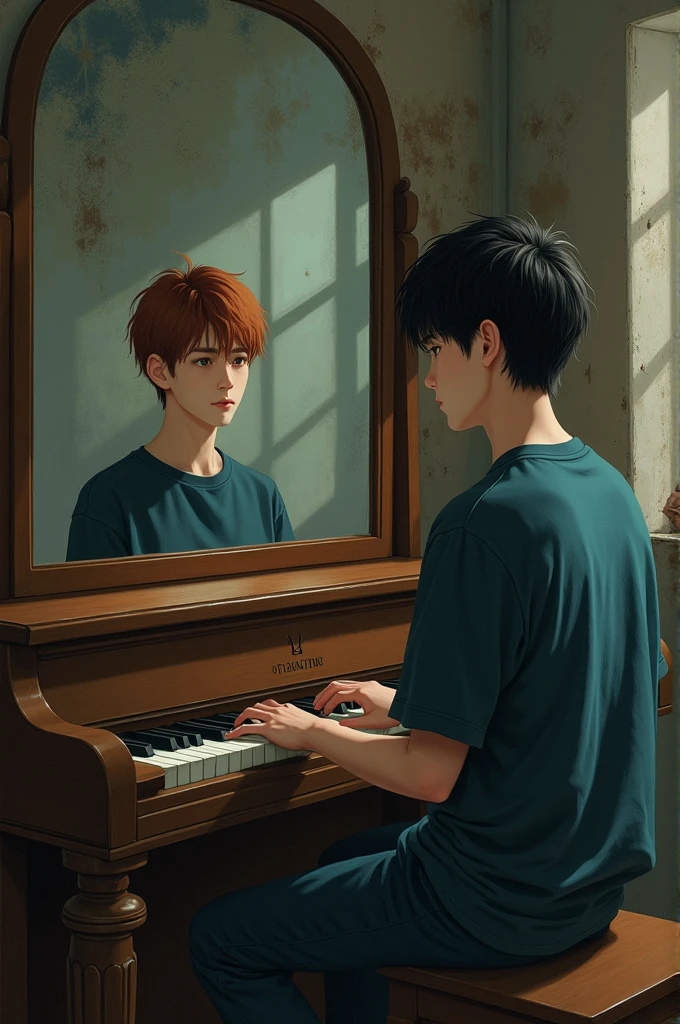 two boys. One 20 year old Asian boy passive hyper super realistic tender with copper hair with short blonde hair and navy blue eyes with longing and casual clothes, playing piano in an old abandoned house looking straight at the active boy in a mirror above the size of the piano, where you see another attractive boy, with somewhat long black mullet hair, sharp hazel slanted eyes and school clothes at school. youth soap opera
