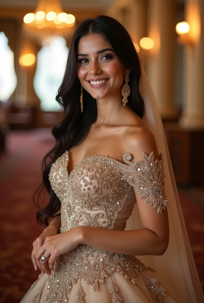 Arab girl, beautiful smile, curvy hourglass body, attending a wedding, big breast,