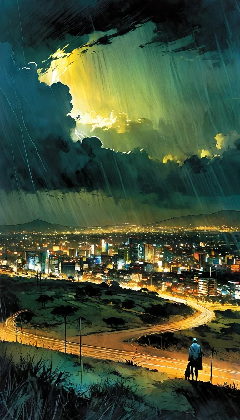 Nairobi landscape, no people, night, under the storm, art inspired by Bill Sienkiewicz and Dave McKean
