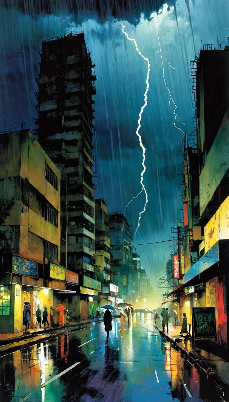 Nairobi landscape, no people, night, under the storm, art inspired by Bill Sienkiewicz and Dave McKean
