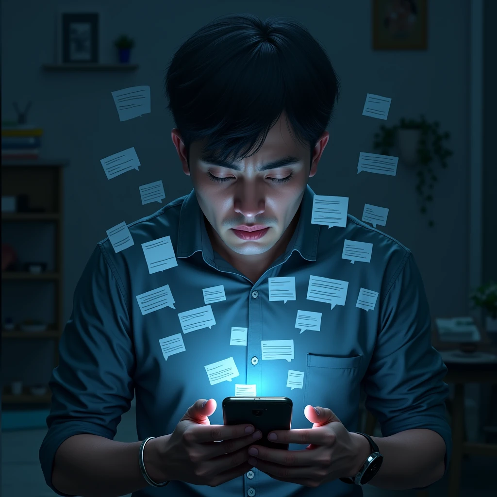 Sad and stressed young man surrounded by messages and news on his cell phone