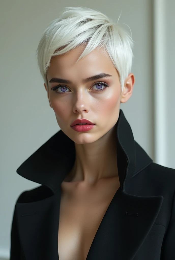 A woman with very short white hair and white eyebrows and eyelashes too, with light brown skin and violet eyes and slightly red lips, with an open coat with a low-cut neckline, she has a young face, white eyebrows and eyelashes too