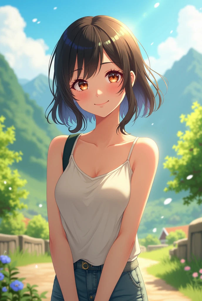 Beauty、high school student、cute、Small valley、No sleeve、side、smile、See-through、sun