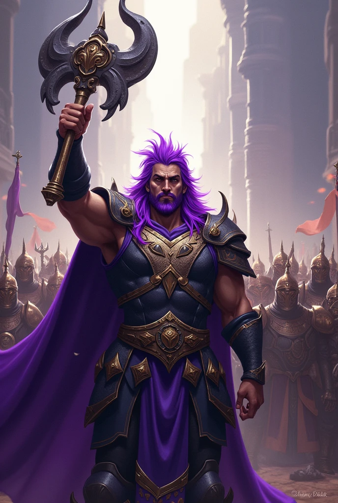 A purple haired man, leader of a guild, holding the word Plunderes and behind him his army of warriors.