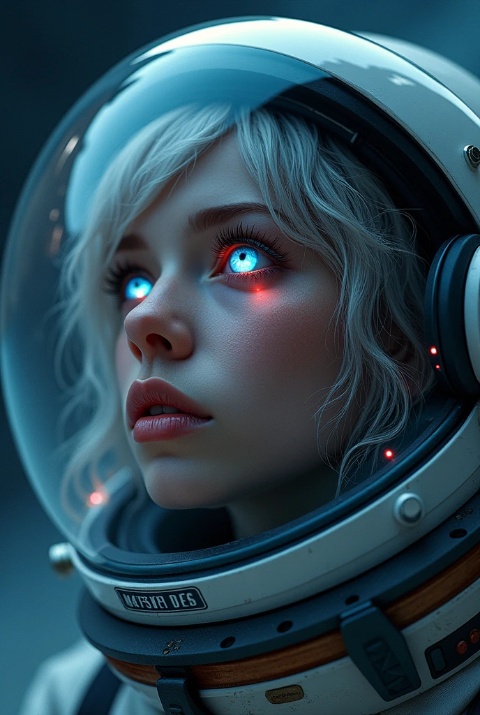 (Close-up of a better masterpiece:1.5)0.9], (Space and astronauts:1.2) (Messy silver hair:1.1) (Heterochromia xanthochromia and blue eyes:1.2) (Space Helmet:1.0) (Colored stars in the eyes:1.0) (A radiant glow:1.1) (thick lips:0.9)