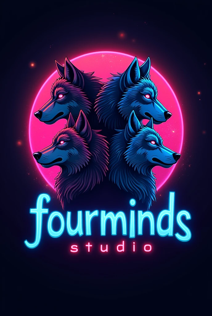 Four wolves in a neon-colored logo and that says FourMindsStudio in a blue neon. The name is missing.