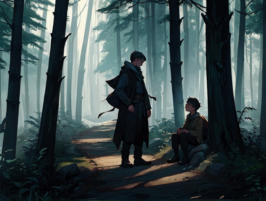 two boys on the path in the Forbidden Forest meet one who seems to be waiting for someone.