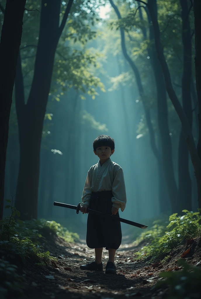 a boy standing in dark forest holding katana