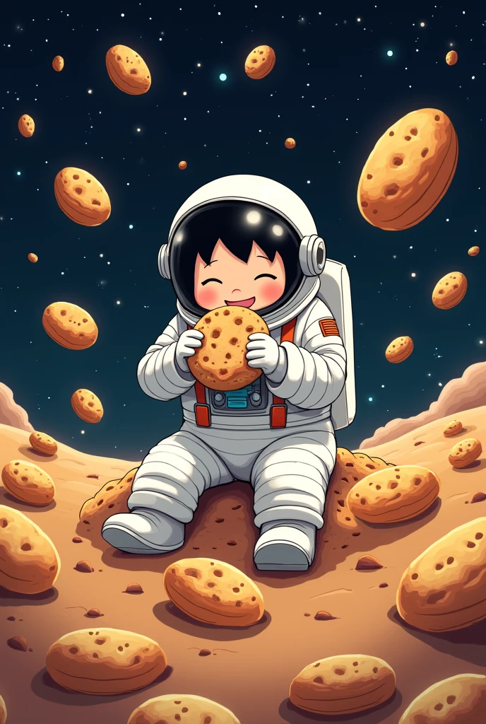 A logo with an astronaut eating a cookie and asteroids in the shape of Japanese bread 