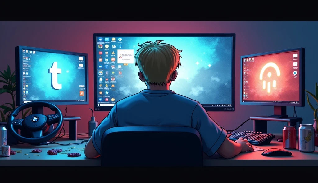 Generate an image: Im Stil von Cartoon 3D-Animations-Filmen. young man, short blonde hair, somewhat neglected, View from behind. he sits in front of a gaming PC with two monitors and is engrossed in writing. On the table is a BMW steering wheel and soft drink cans. The room is dark, on the screens is the interface of Youtube and Instagram.