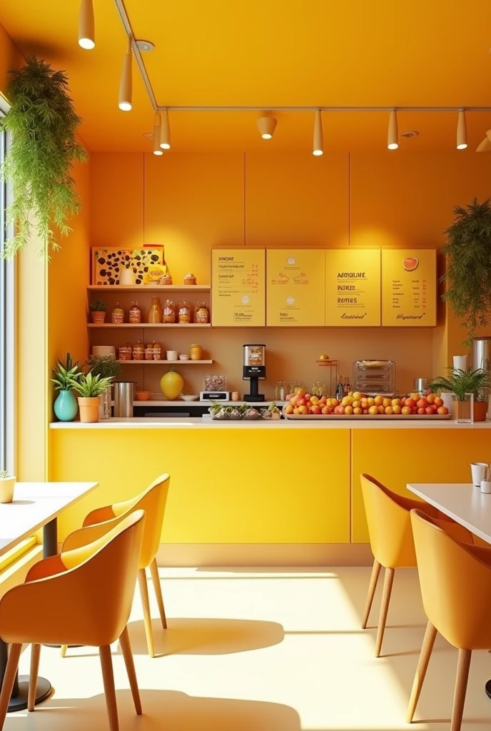 Comptoir et intérieur avec table et chaise d un fast food de fruit moderne couleur jaune 
au nom de : SALAMA !
Un petit lieu convivial et attrayant 
