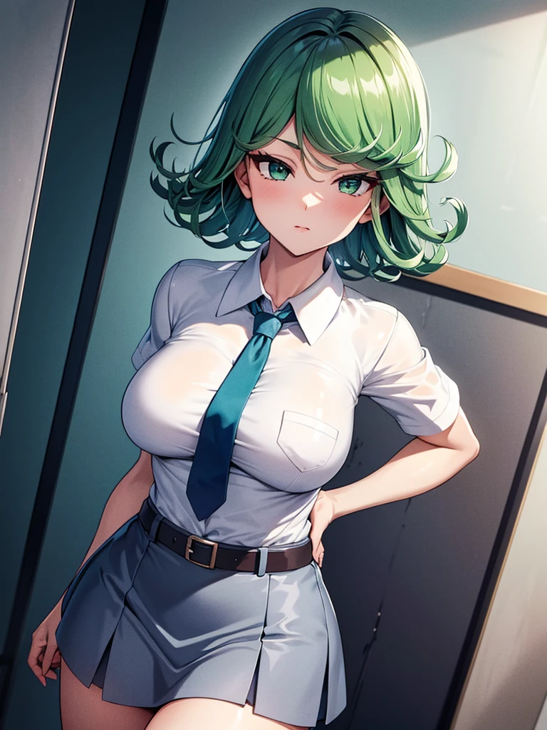 (high res, 8K, masterpiece, looking at viewer, best quality, very aesthetic, ultra detailed, ultra background, ultra Eyes) intricate details, 1girl, Tatsumaki, short sleeved white shirt, Light Blue Gray short skirt, Pockets on the left chest, Blue Gray tie, Wearing a belt, green short hair, green eyes, Normal Face, Background School Hallway, Cinematic Angle