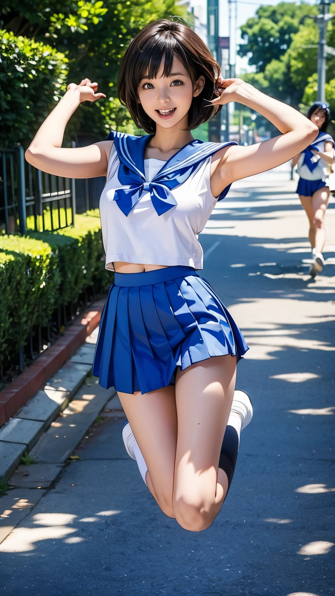 Otaku girl、(Having a blast dressed up as Sailor Mercury)、Joy、Active pose、(Raise your arms and jump)、Very thin thighs、Outdoors
