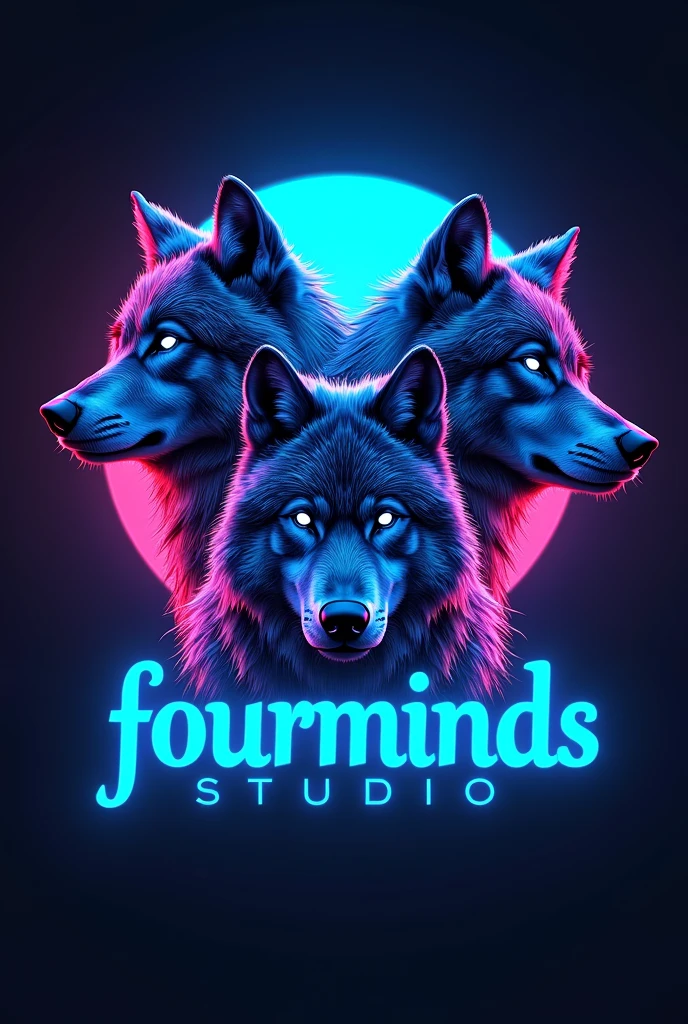 Four wolves in a neon-colored logo and that says FourMindsStudio in a blue neon. The perfect name is missing, even more stupid.