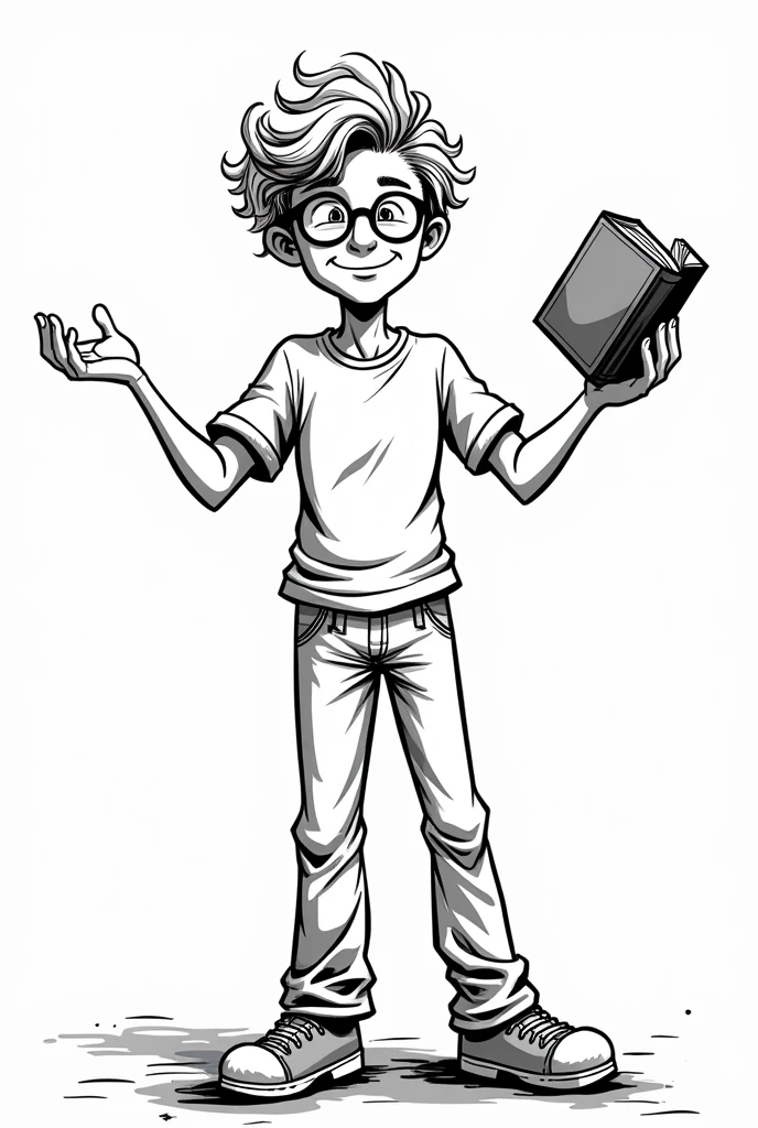 A man illustrated drawn black and white comic strip with one arm open in welcome and the other holding a book slightly in profile blond curly hair round glasses