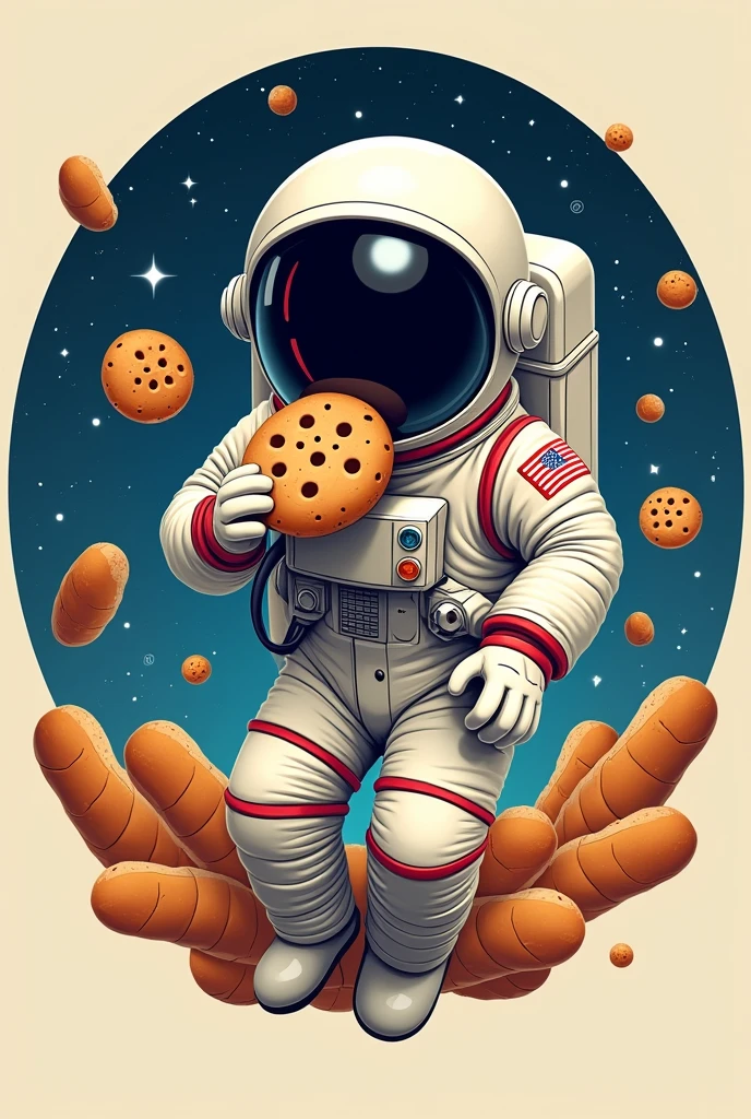 A logo with an astronaut eating a cookie and asteroids in the shape of bread 