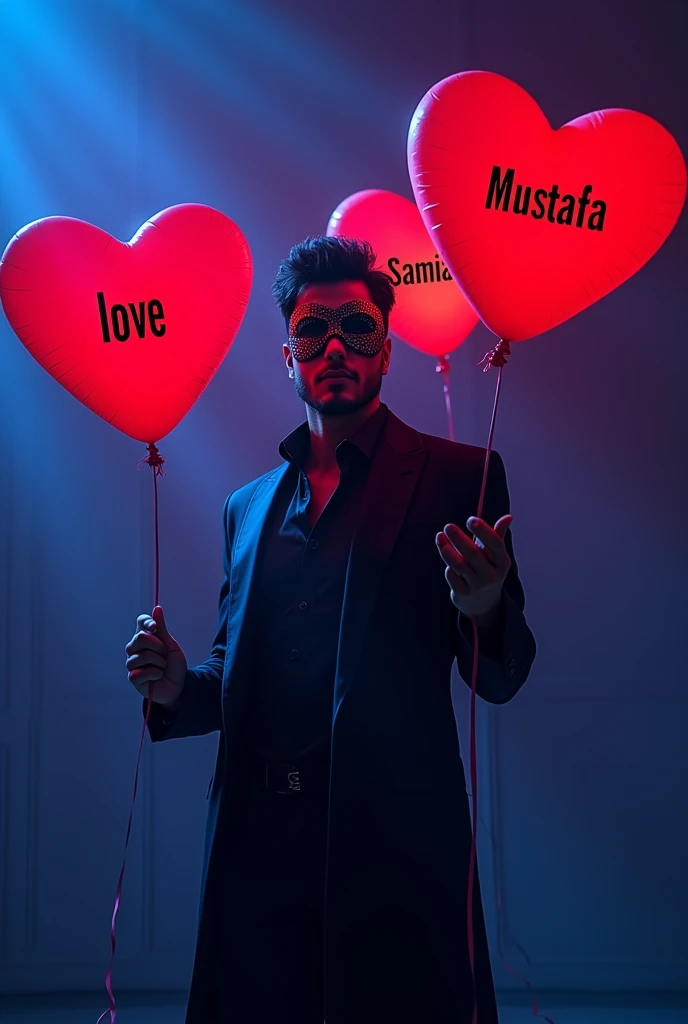 The Three red Hearts ballon in the hand of a stylish girls mask on his face with blue purpule lighting background the first one write love and Second Mustafa And Third Samia