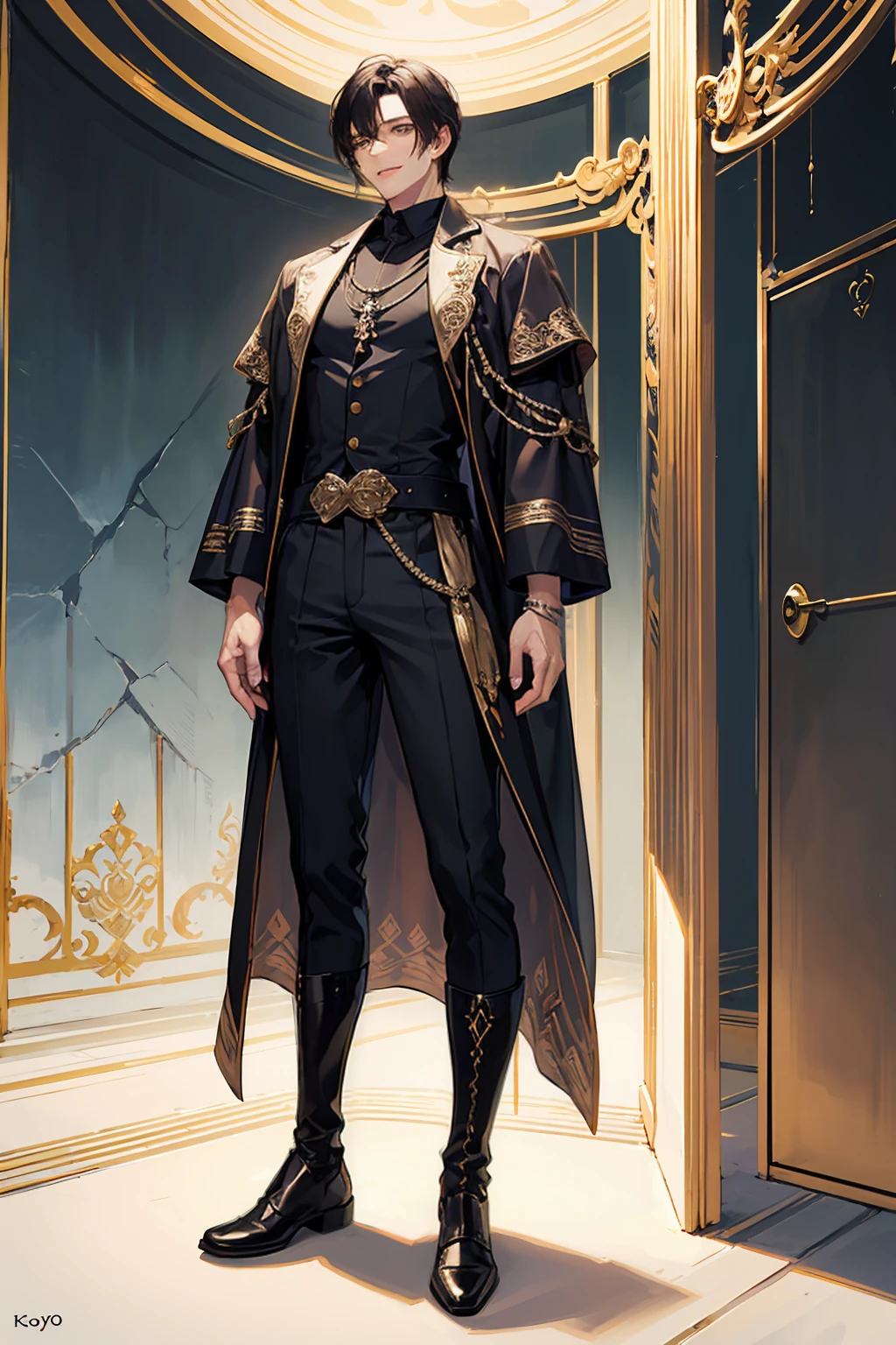 Koyo, and 1.80 meters tall. He has dark brown skin, expressive brown eyes and short, curly black hair. The face has a flat nose that is a little thin at the tip, as well as a large mouth with thin lips. Koyo is dressed in an outfit inspired by 8th century emperors, with a shiny black cape, a black shirt with shades of gray and gold details, black pants, and black boots with touches of gray and gold. His stance is confident and defiant, and he displays a charismatic smile. The background must present an environment that mixes historical elements with a modern touch."