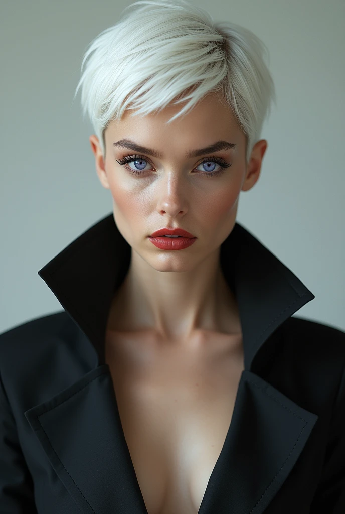 A woman with very short white hair and white eyebrows and eyelashes too, with light brown skin and violet eyes and slightly red lips, with an open coat with a low-cut neckline, she has a young face, WHITE EYEBROWS AND EYELASHES TOO 