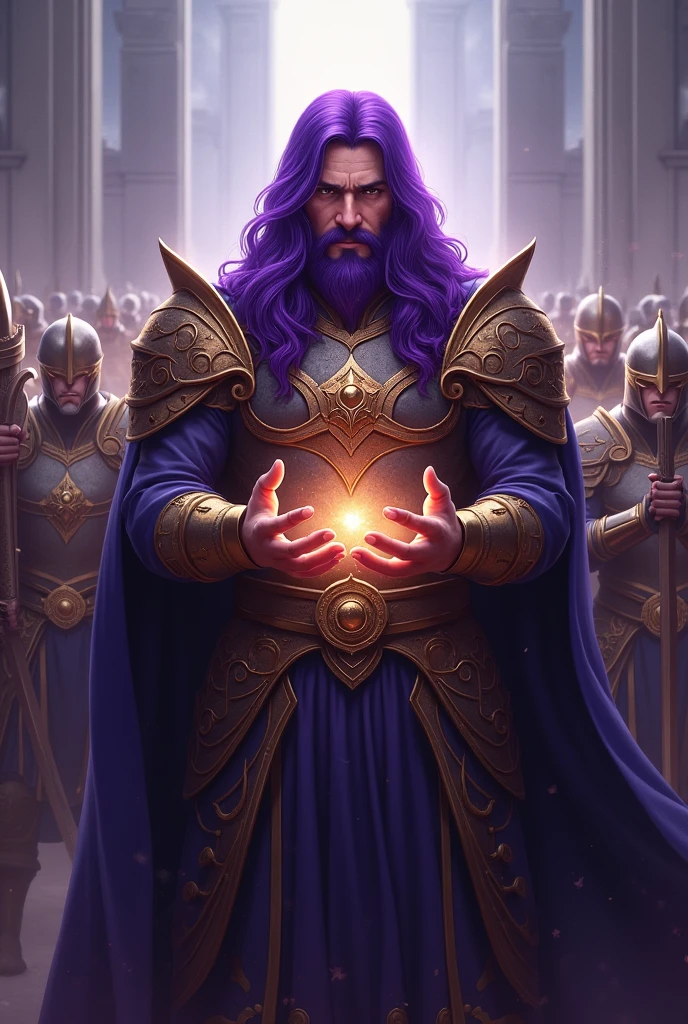 A purple-haired man, leader of a guild, holding the word Plunderes in his hands and behind him his army of warriors.