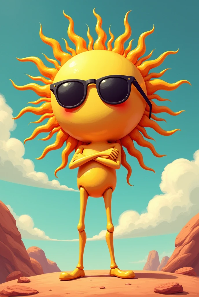 The yellow sun with thin legs and arms with dark glasses on the eyes , and cool and fun style with arms crossed