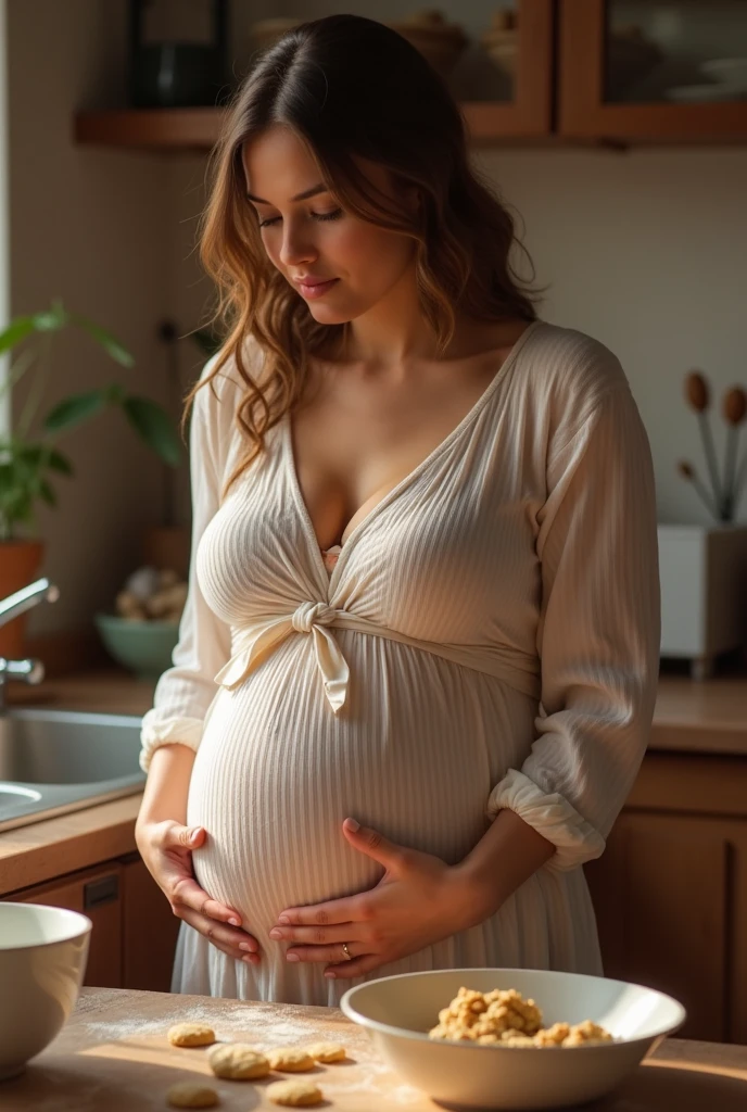 Pregnant woman, kitchen, baking, housewife, beautiful, cozy, soft face, huge boops, boops F size, gigant boops, tight dress, she is mixing cookie dough