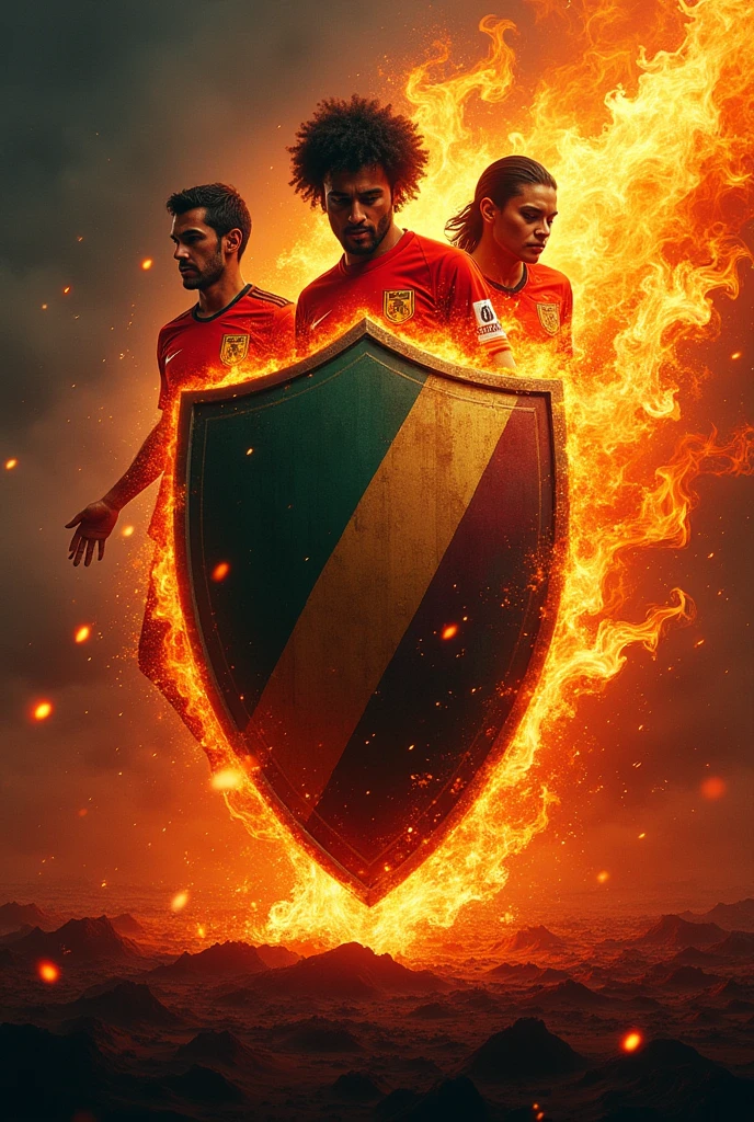 BOTAFOGO SHIELD AMIDST FLAMES AND TULIO AND GARRINCHA IN THE BACKGROUND
