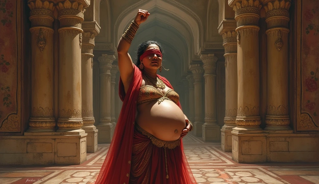 gandhaari as mother of 100 sons as a pregnant woman with cruel face in rajmahal hit his belly with powerful hand very hard
