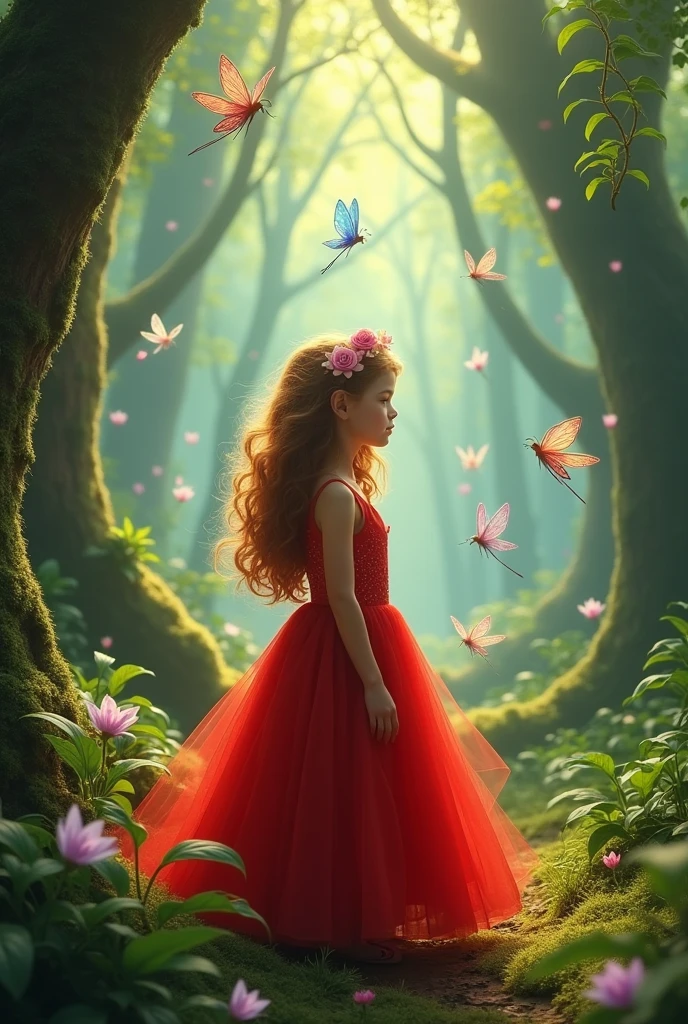 Images of a girl dressed in red in an enchanted forest with many fairies