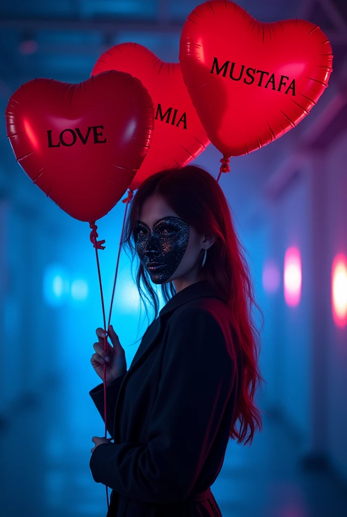 The Three red Hearts ballon in the hand of a stylish girl danger mask on his face with blue purpule lighting background the first one write love and Second Mustafa And Third Samia 