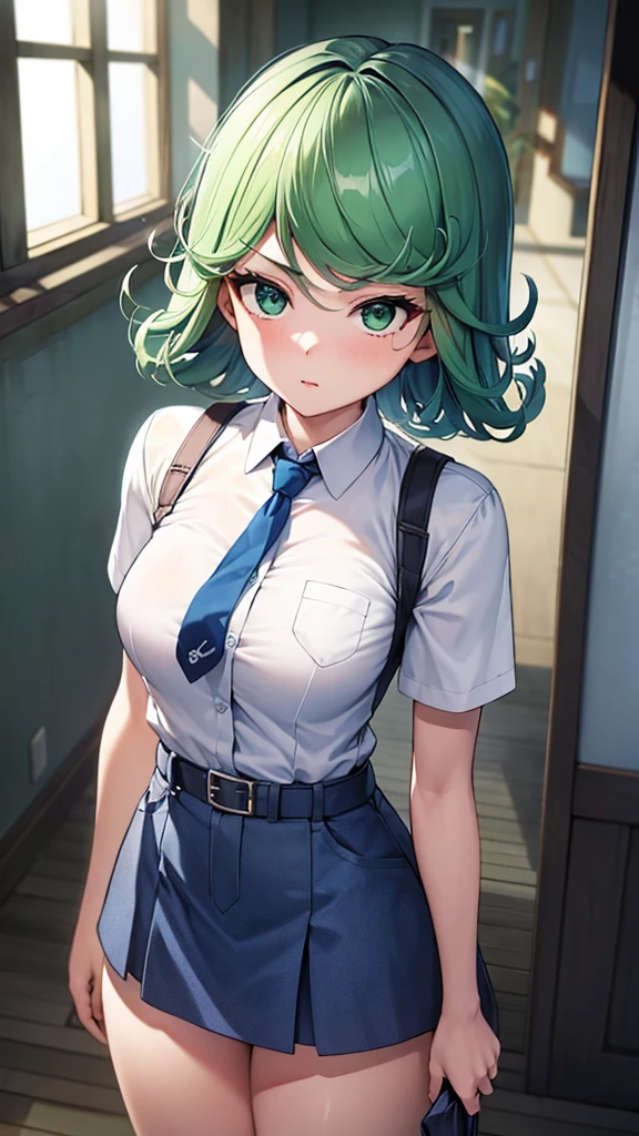 (high res, 8K, masterpiece, looking at viewer, best quality, very aesthetic, ultra detailed, ultra background, ultra Eyes) intricate details, 1girl, Tatsumaki, short sleeved white shirt, Light Blue Gray short skirt, Pockets on the left chest, Blue Gray tie, Wearing a belt, green short hair, green eyes, Normal Face, Background School Hallway, Cinematic Angle