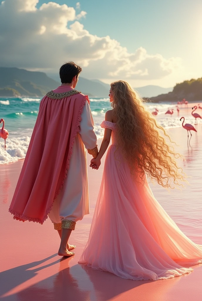 Perfect taller and handsome king with short straight dark hair walk on the beach with perfect beautiful so much long super long curly blonde hair princess together on pink beach that have flamingo around 