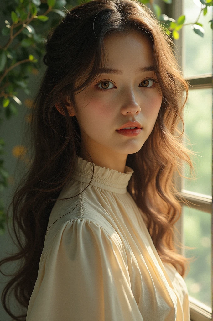 1 woman, Long wavy hair, yeux marron foncé nature Haut jupe courte
