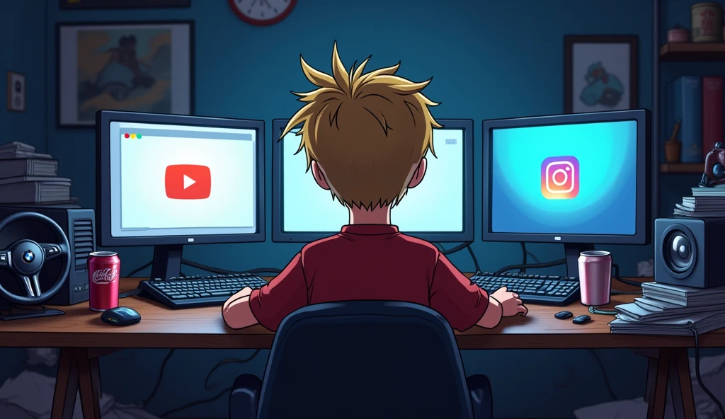 Generate an image: Im Stil von Cartoon 3D-Animations-Filmen. young man, short blonde hair, somewhat neglected, View from behind. he sits in front of a gaming PC with two monitors and is engrossed in writing. On the table is a BMW steering wheel and soft drink cans. The room is dark and messy, on the screens is the interface of Youtube and Instagram.