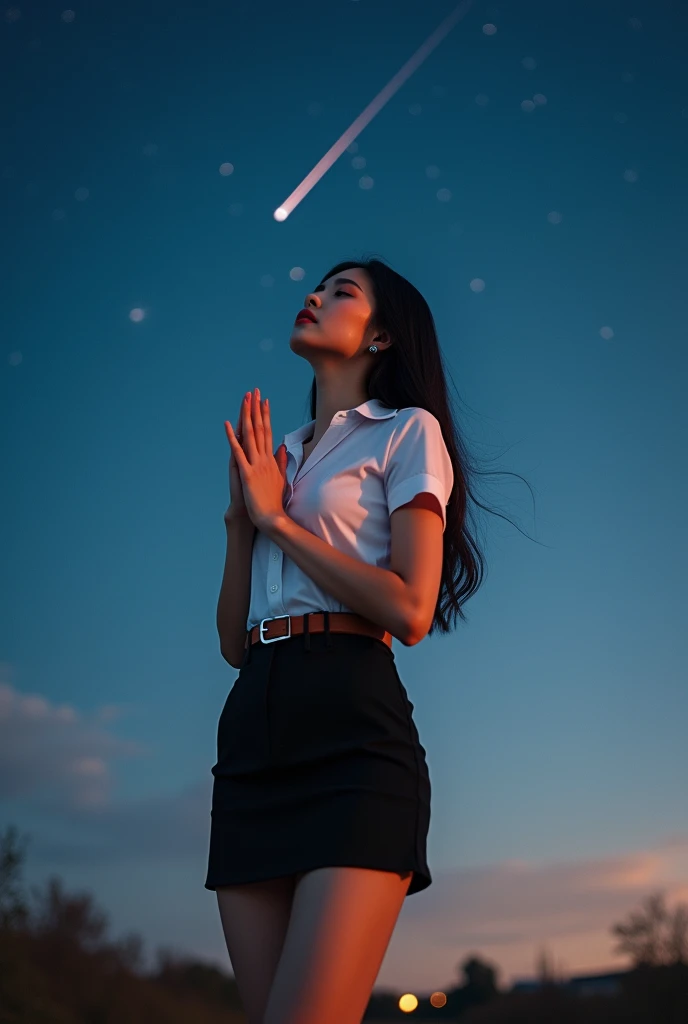 Korean-thai super model woman, in Thai university uniform, black tight slit mini skirt, starry sky, bright stars, slim and perfect figure, medium breasts, emphasize on breasts and hip and bottoms and thigh, rule of thirds, white woman-short-sleeve button up shirt, white sneakers, brown suede belt, silver rectangle solid plate belt buckle, silver shirt buttons, black long straight messy hair, blow hair, beautiful face, dynamic compositions, 1 shooting star, standing, wishing, close eyes, tilt her head back, two hands fold together, very dark, blue tone, orange highlight, slender, high detailed, best quality, masterpiece, 32k, ultra high resolution