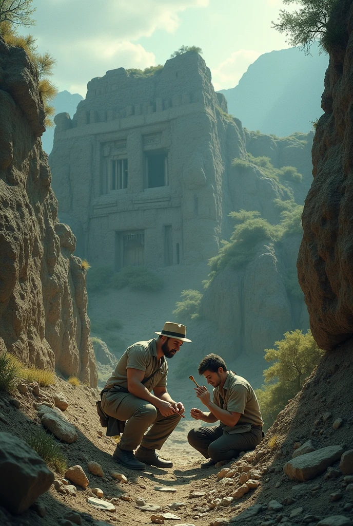 With this image put three archaeologists, a woman and two men,