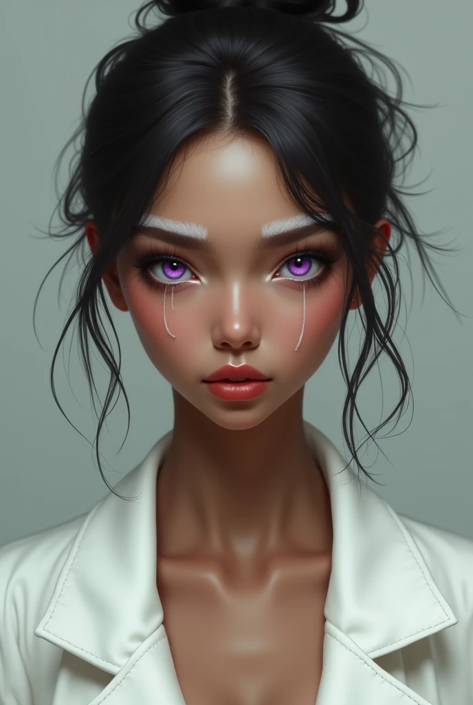 A woman with hair,very short white eyebrows and eyelashes with white eyebrows and eyelashes too, with light brown skin and violet eyes and slightly red lips, with an open coat with a low-cut neckline, she has a young face, WHITE EYEBROWS AND EYELASHES TOO 